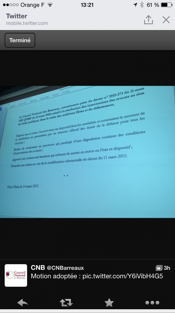 Motion de contestation du CNB contre le décret du 11 mars 2015 relatif à la rétribution de l'avocat intervenant à l'AJ dans le cadre d'une audition libre ou d'un déferrement